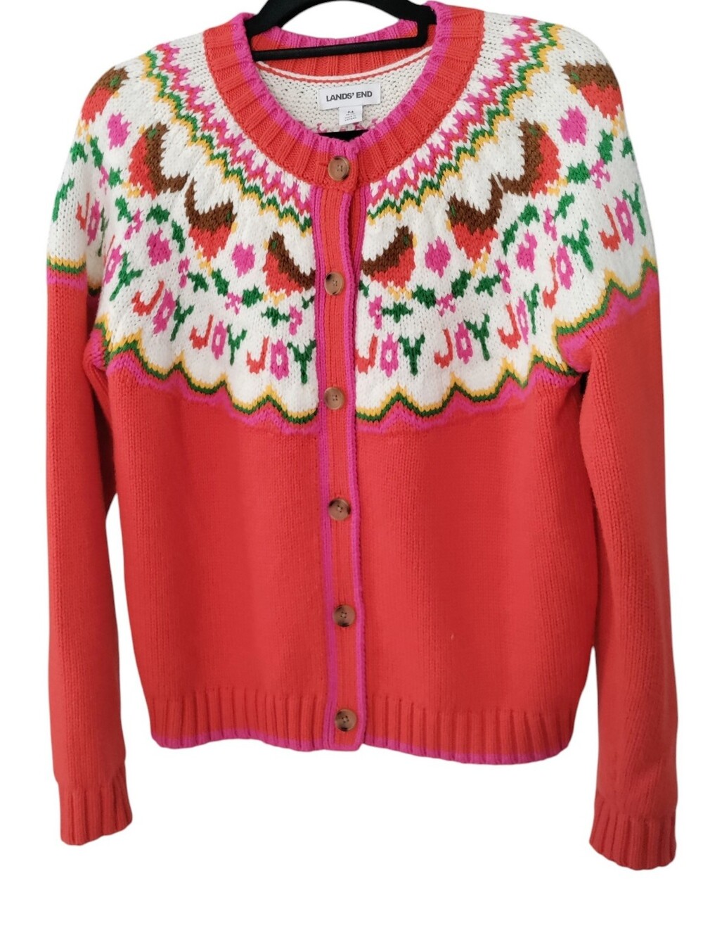 Lands' End Lofty Fair Isle Knit Sweater Button Front Birdseye Cotton Colorful